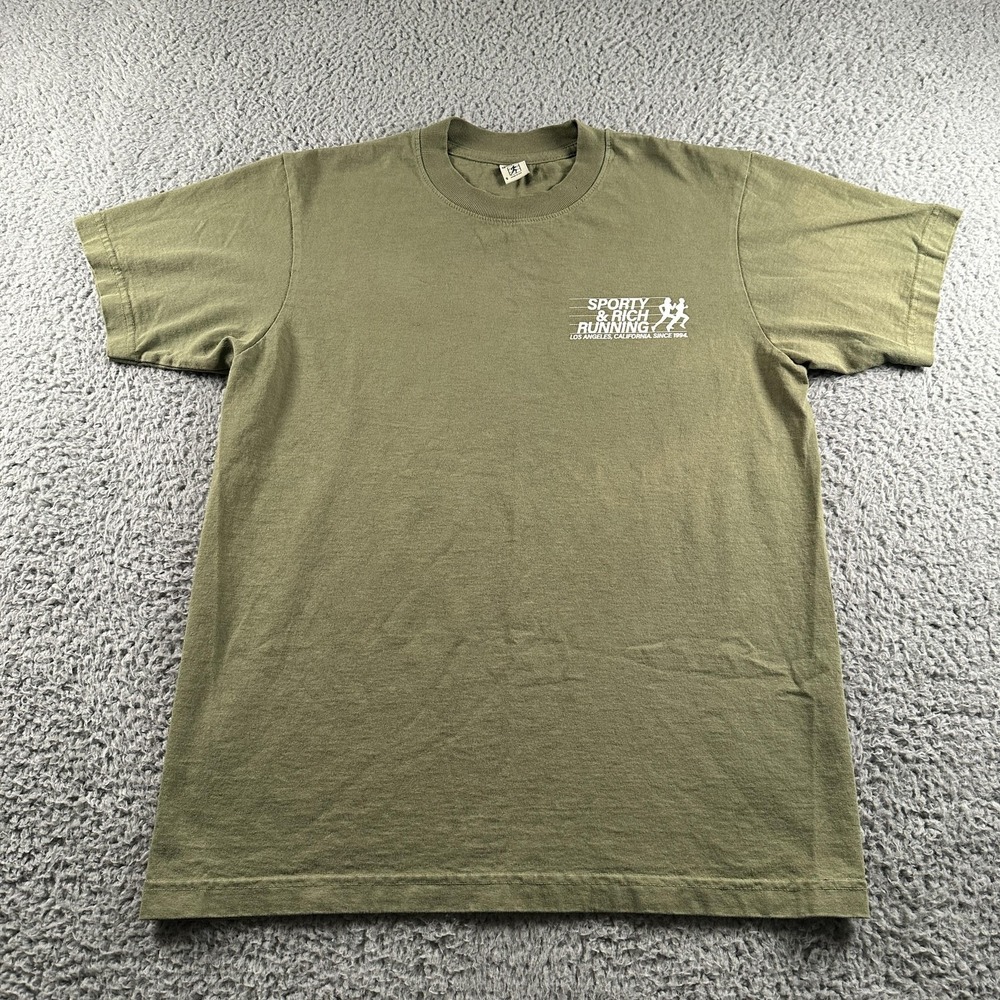 Sporty & Rich Shirt Mens‎ S Green Running Club Graphic Logo Made USA Cotton Tee